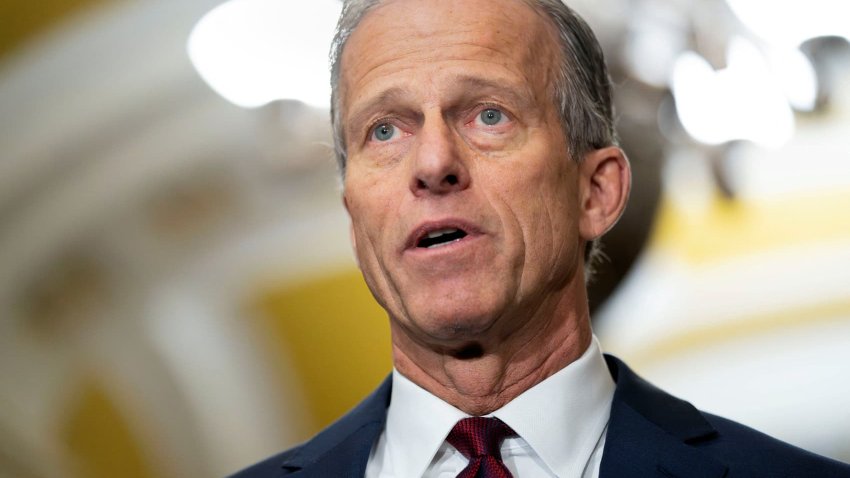 U.S. Sen. John Thune, (R-SD) speaks with reporters following the Senate Republicans weekly policy lunch on Capitol Hill in Washington, U.S., March 6, 2024. 