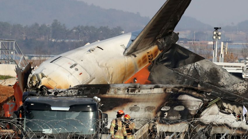 MUAN-GUN, SOUTH KOREA – DECEMBER 29: Firefighters and rescue teams work at the wreckage of a passenger plane at Muan International Airport on December 29, 2024 in Muan-gun, South Korea. A plane carrying 181 people, Jeju Air Flight 7C2216, crashed at Muan International Airport in South Korea after skidding off the runway and colliding with a wall, resulting in an explosion. Latest reports said that at least 179 people had died. (Photo by Chung Sung-Jun/Getty Images)