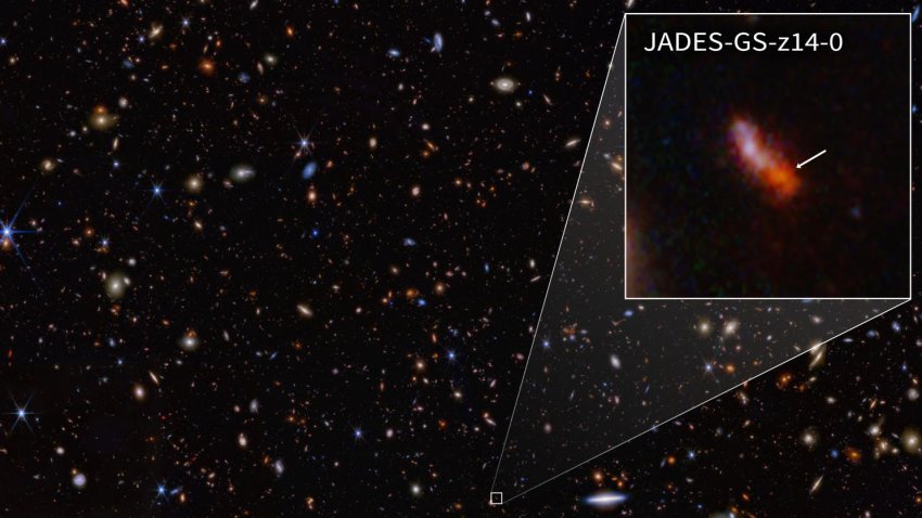 Imagen de la galaxia JADES-GS-z14-0. Crédito: NASA, ESA, CSA, STScI, B. Robertson (UC Santa Cruz), B. Johnson (CfA), S. Tacchella (Cambridge), P. Cargile (CfA)